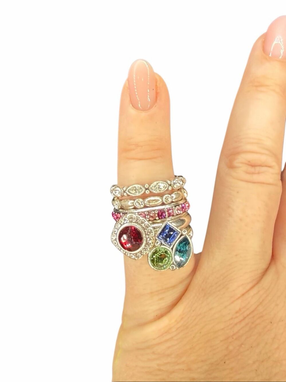 Brighton Set of 5 Silver Stackable Rings with multi colored stones- Size 5
